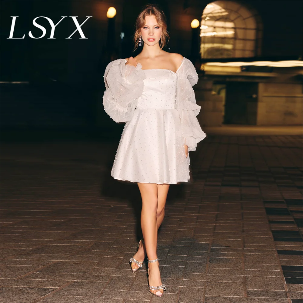 LSYX-Off-Ombro Pérola Tulle Puff Mangas A Linha Mini Vestido De Noiva, Arco Traseiro Zipper, Acima Do Joelho Vestido De Noiva Curto, Feito Sob Medida