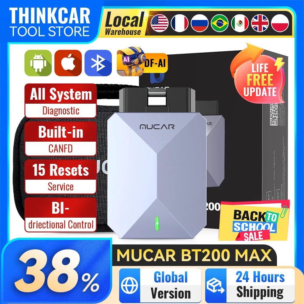 MUCAR BT200 MAX AI Diagnostic Tools CANFD ELM327 Prototol Full System OBD2 Scanner 15 Resets Lifetime Free Update VS BT200 PRO
