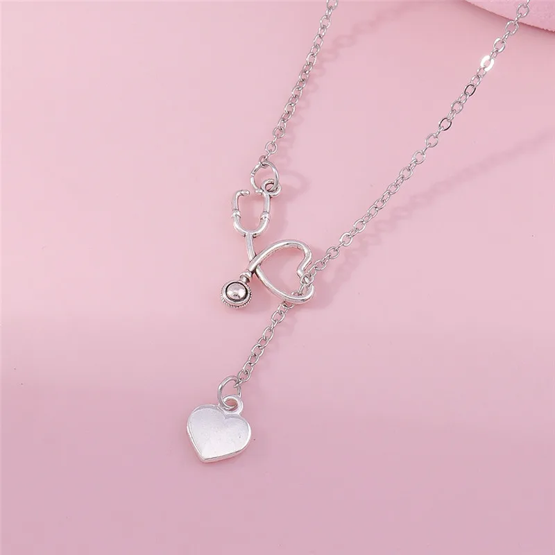 Aihua Trendy New Fashion Stethoscope Necklace Lariat Heart Pendant Silver Color Nurse Medical Necklace Collares