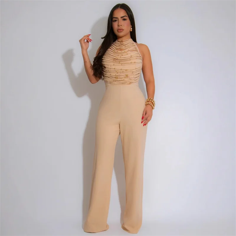 Sexy Halter Backless Jumpsuit Woman Elegant High Waist Flare Pants Sleeveless Beading Ruched Party Romper Birthday Club Outfits
