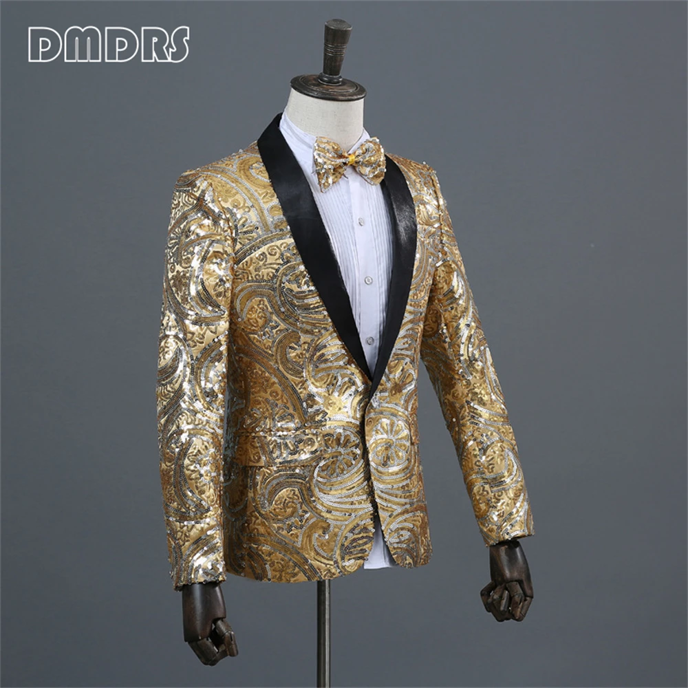 Gold  Sequined Costume Suit Blazer For Men With Bow-tie Shawl Neck Fashion Men's Suit Jacket  For Wedding Prom Party