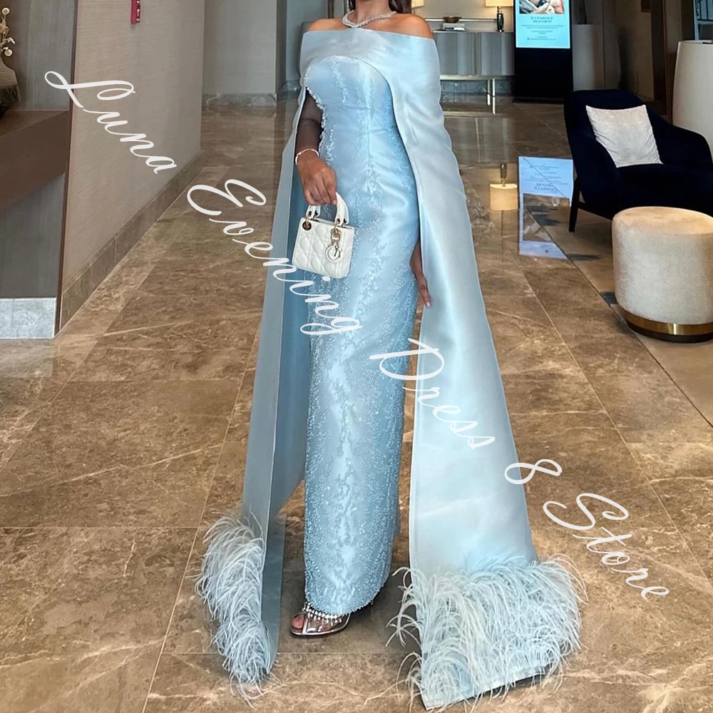 Customized Luxury Satin Straight Off the Shoulder Feathers and Sequined Evening Dress Boat Neck Floor Length Watteau Train