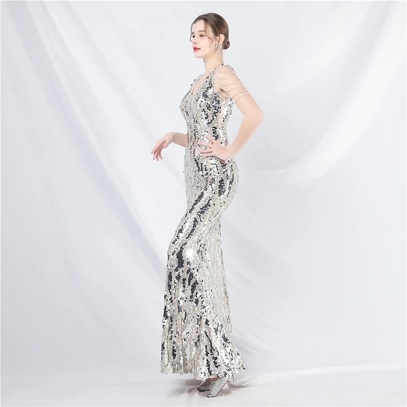 Women Sexy Elegant Sleeveless V Neck Backless Silver Gold Sequined Cocktail Prom Wedding Evening Party Long Maxi dresses