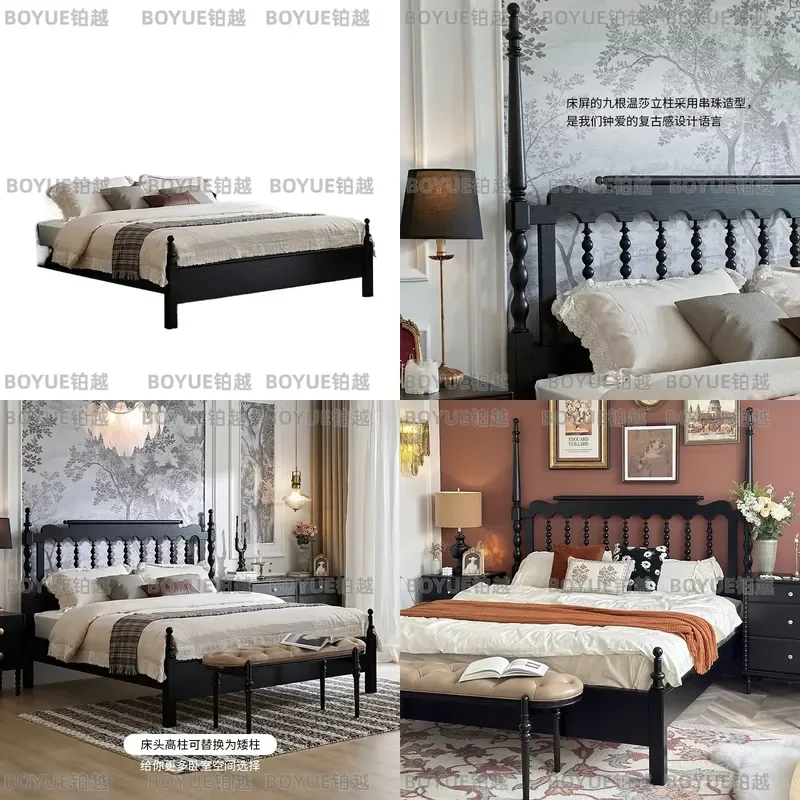 French Retro Solid Wood Windsor Bed Black American Style High Pillar Double Bed for Master Bedroom Wedding Furniture