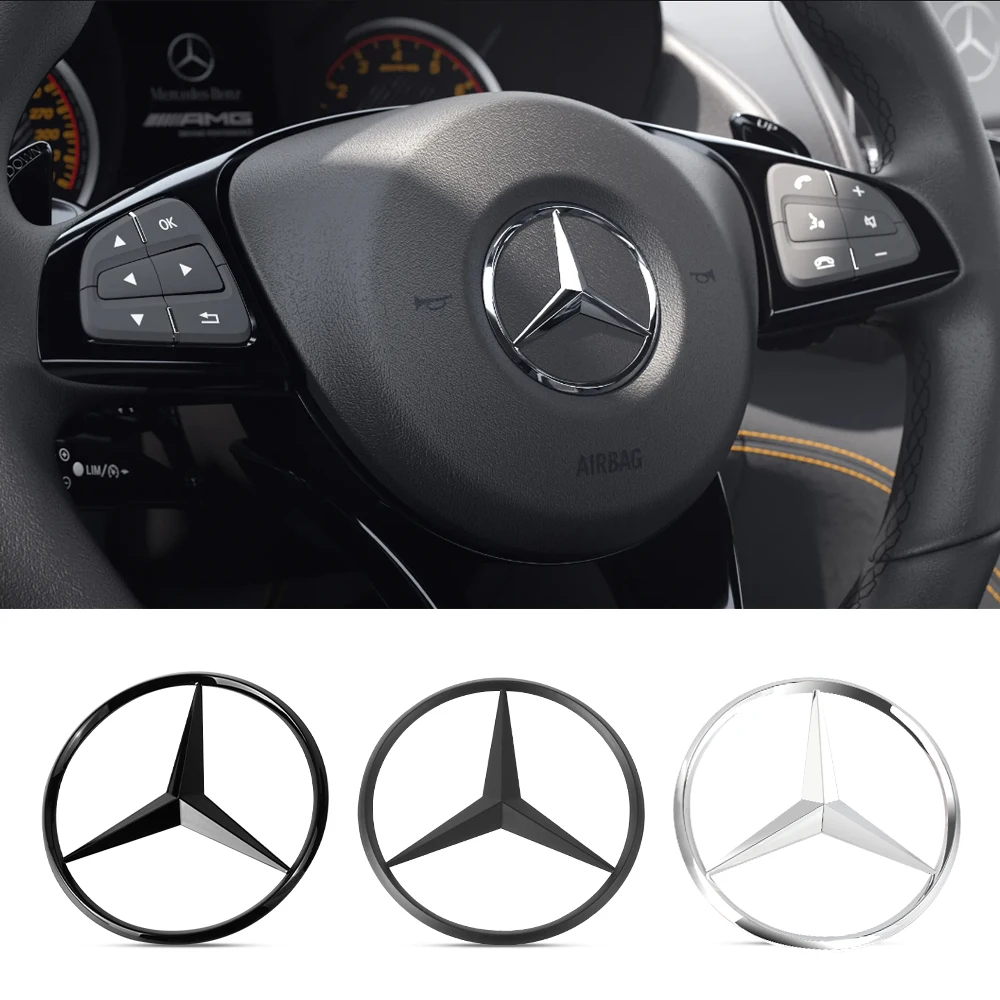 ABS Car Steering Wheel Center Emblem Sticker Benz Star Logo Badge With Pins Decor For Mercedes Benz G S R C E B A Class GLA GLK