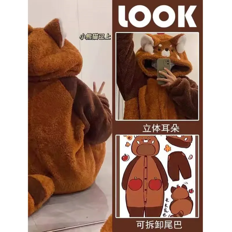 

Длинный комбинезон с пандой для косплея на Хэллоуин, зимняя утепленная пижама из кораллового флиса с изображением маленького енота, женская ночная рубашка, осенняя домашняя одежда