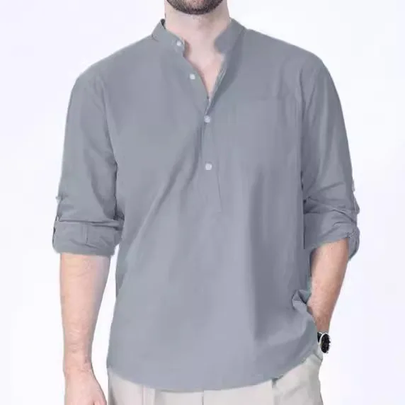 

Men's Casual Relaxed Collar Pocket Linen Long Sleeve Solid Color Shirt