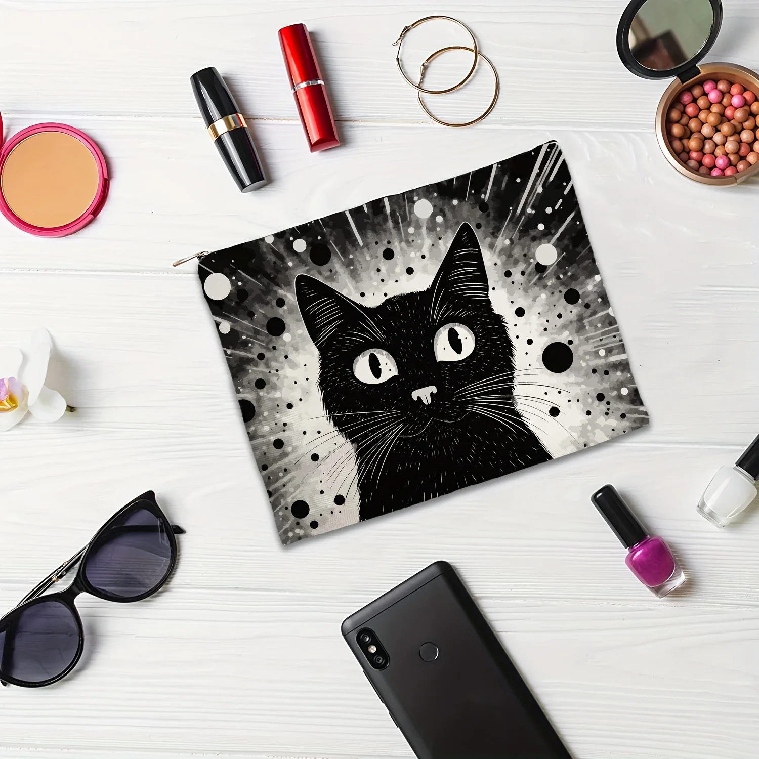 Una borsa per il trucco Black Cat: una graziosa borsa multifunzionale con cerniera per le donne, una borsa per riporre gioielli, una piccola borsa portaoggetti con cerniera da viaggio perfetta