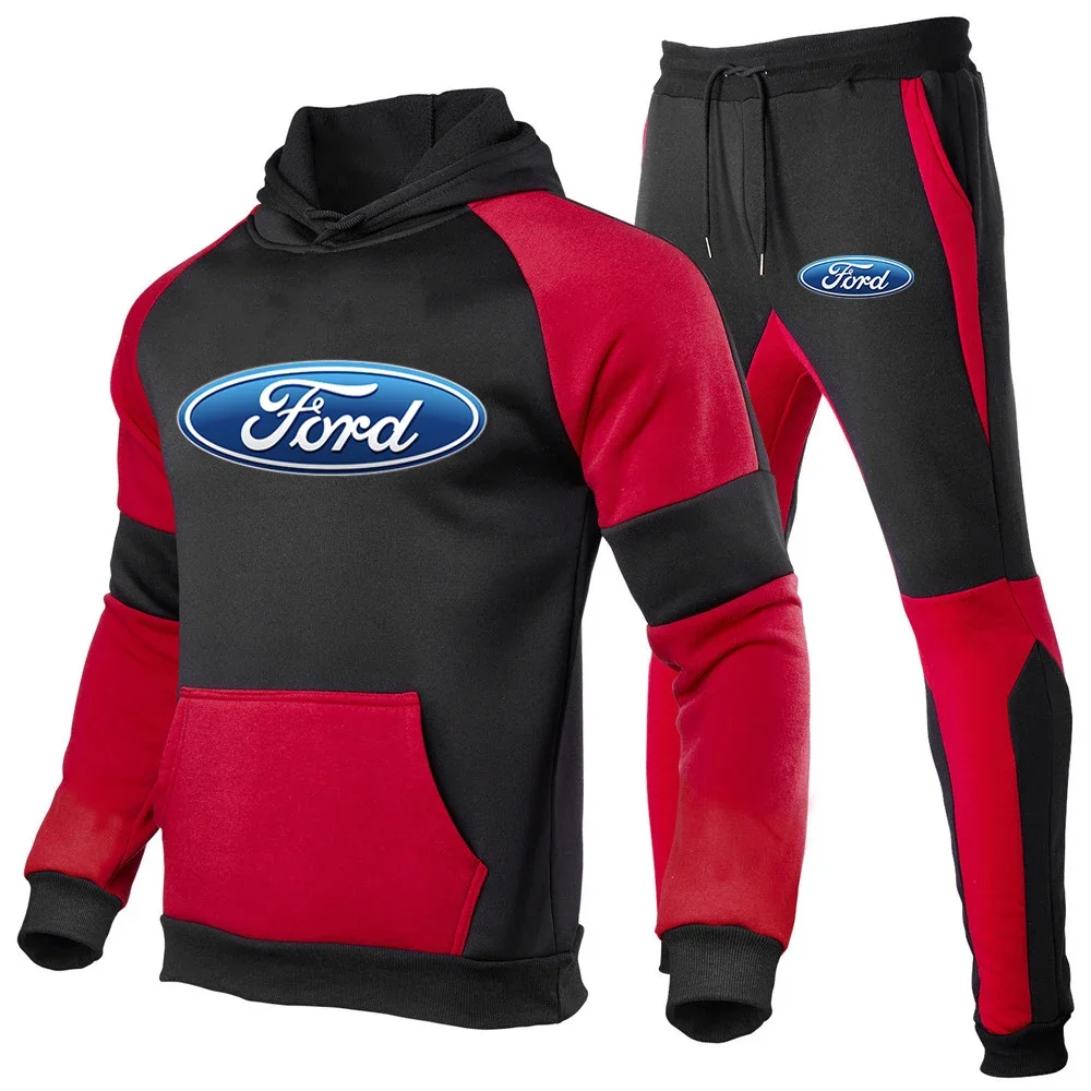 

2024 Ford Logo Printed Spring Autumn Customizable Big Pocket Design Hooded Pullover+ Casual High Street Sweatpants Patchwork Set