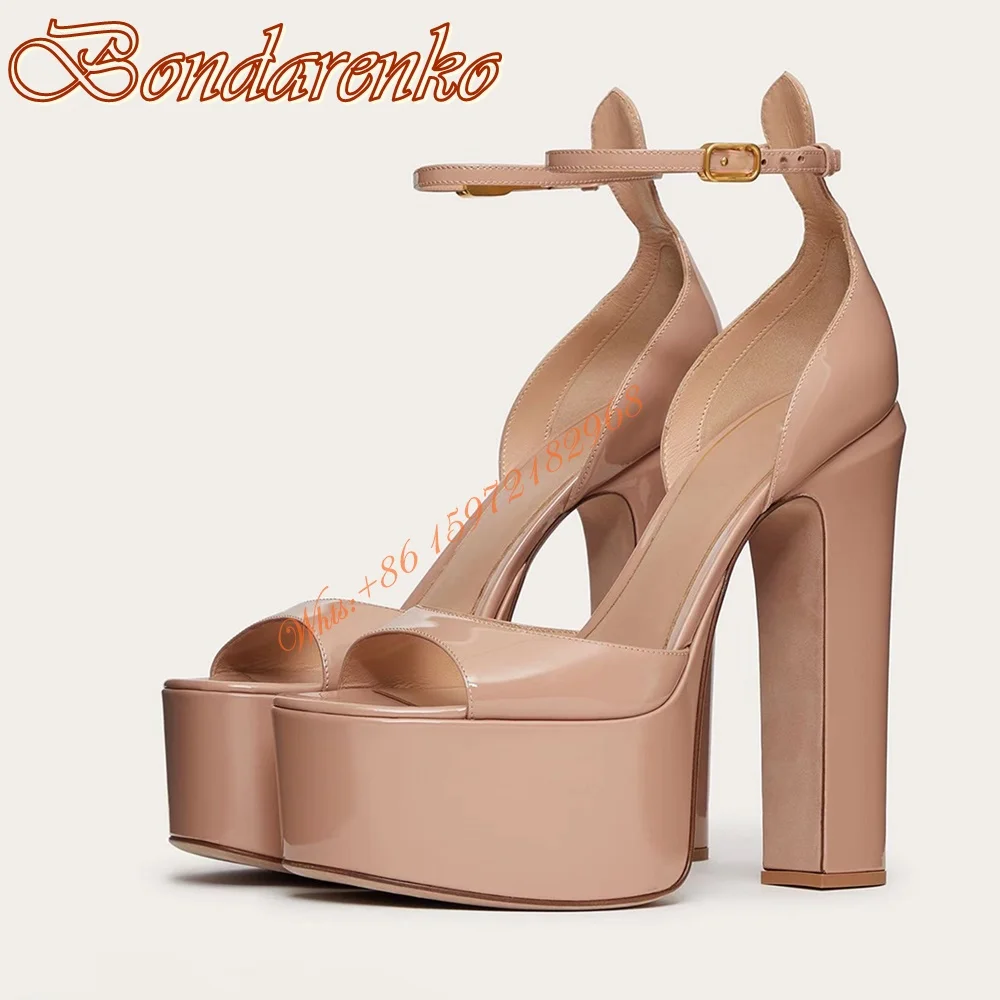 Peep Toe Solid Patent Sandals Platform Chunky High Heels Design Women Shoes Ankle Buckles Super Heel Sandals Summer Party Dress