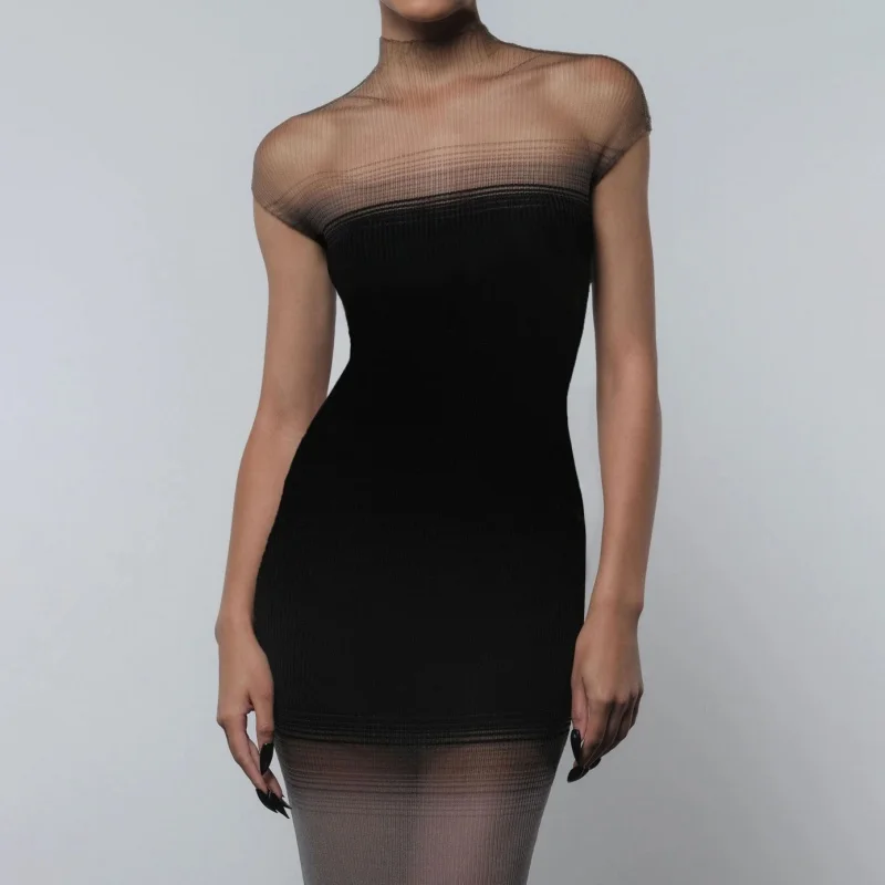 Summer New Women's round Neck Elastic Slim Fit Fish Thread Splicing Hollow Tank Sleeve Dress Fashionable Sexy Long Dress 2025