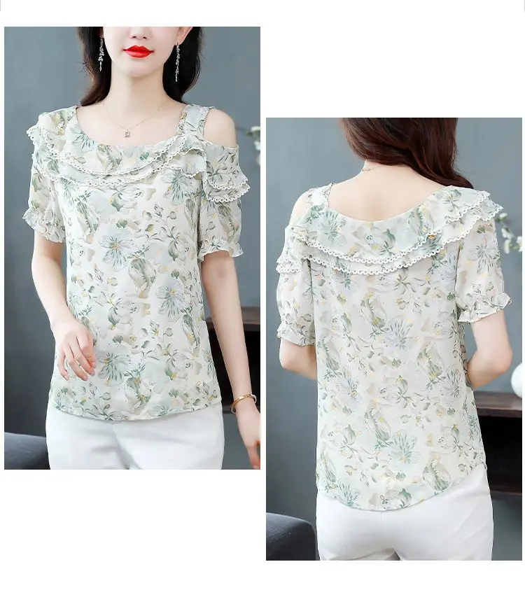 เสื้อชีฟองแขนสั้นผู้หญิงใหม่พิมพ์ลายดอกไม้หลวมแฟชั่นระดับไฮเอนด์
