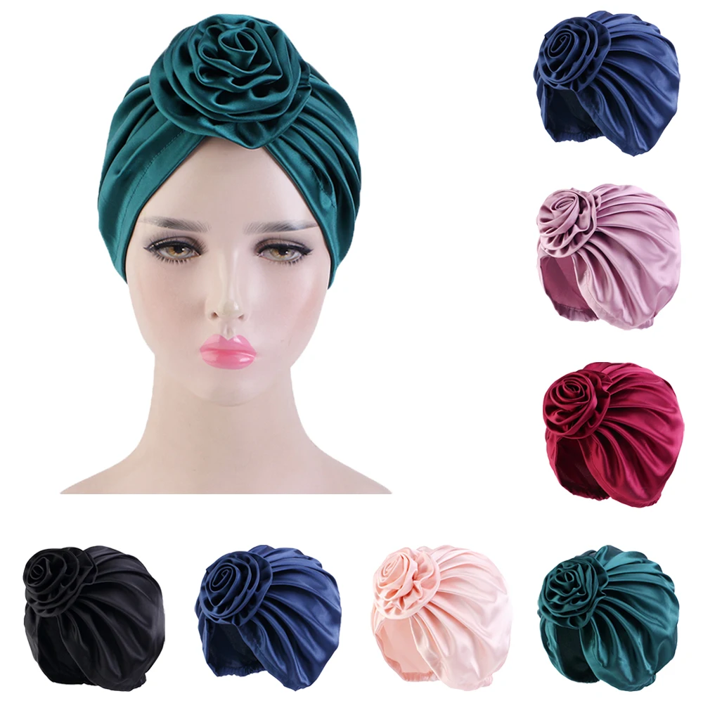 

Big Flower Muslim Women Indain Hat Scarf Caps Satin Chemo Turban Islam Head Cover Party Evening Bonnet Pleated Vintage Hijab Hat