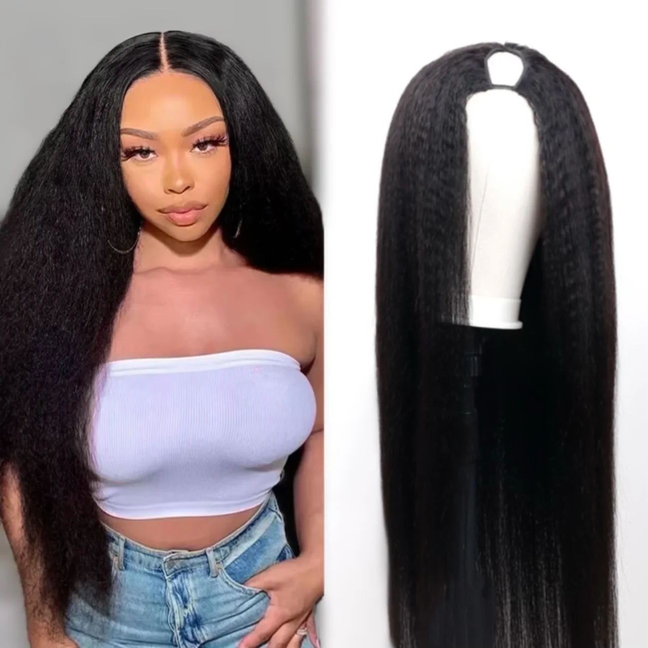 

Kinky Straight 16-32 дюймов Натуральные человеческие волосы 220% Плотность V-образный парик Без несмываемых V-образных париков Зажим V-образной части Парики из человеческих волос