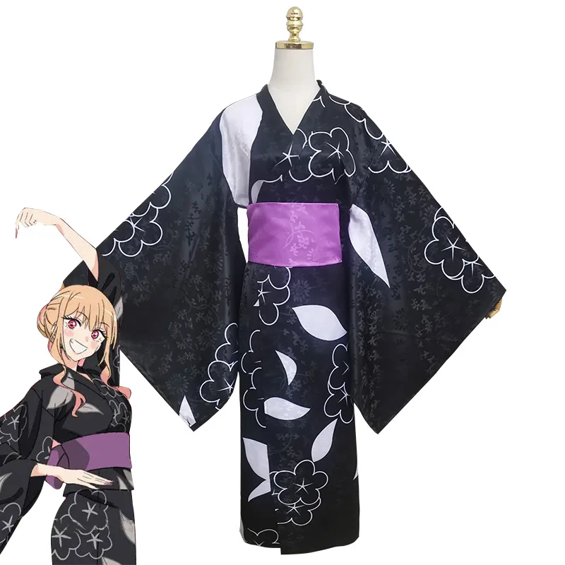 

Anime My Dress-Up Darling.Kitagawa Marin Cosplay Costume Dark Pattern Jacquard Kimono Yukata Outfit Full Set