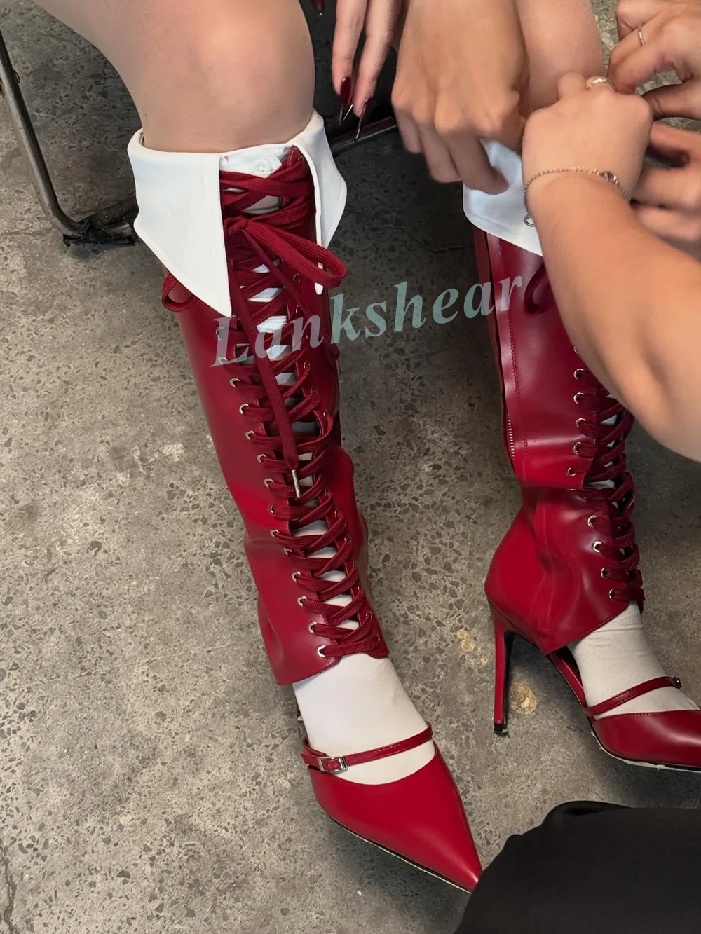 Burgundy Full Lace-Up Cutout Stiletto Knee-High Sandals Boots Pointed Toe Side Zipper 2026 New Women Long Boots Summer Night-Out