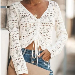 Crochet Knit Top Drawstring Hollow Shirt Long Sleeved V-neck Crop Top Summer Solid Hotsweet Y2K Pullover Elegant Women Clothing