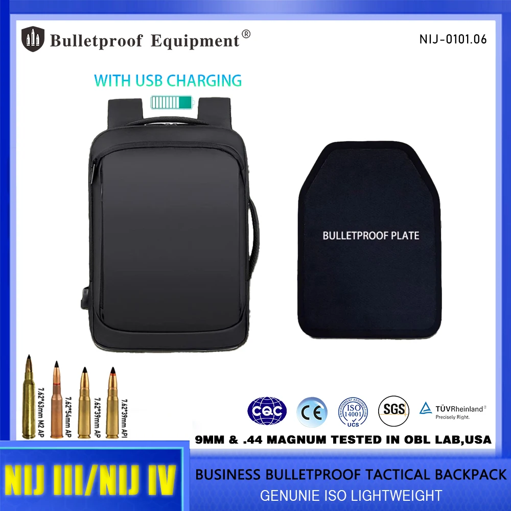 Multifuncional USB Tactical Bulletproof Mochila, Grande Capacidade do negócio escondido, Placa De Carboneto De Silício