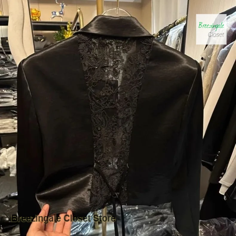 

Korean suit collar lace spice girl shirt women's spring and autumn new waist-closing design sense splicing western-style shirt