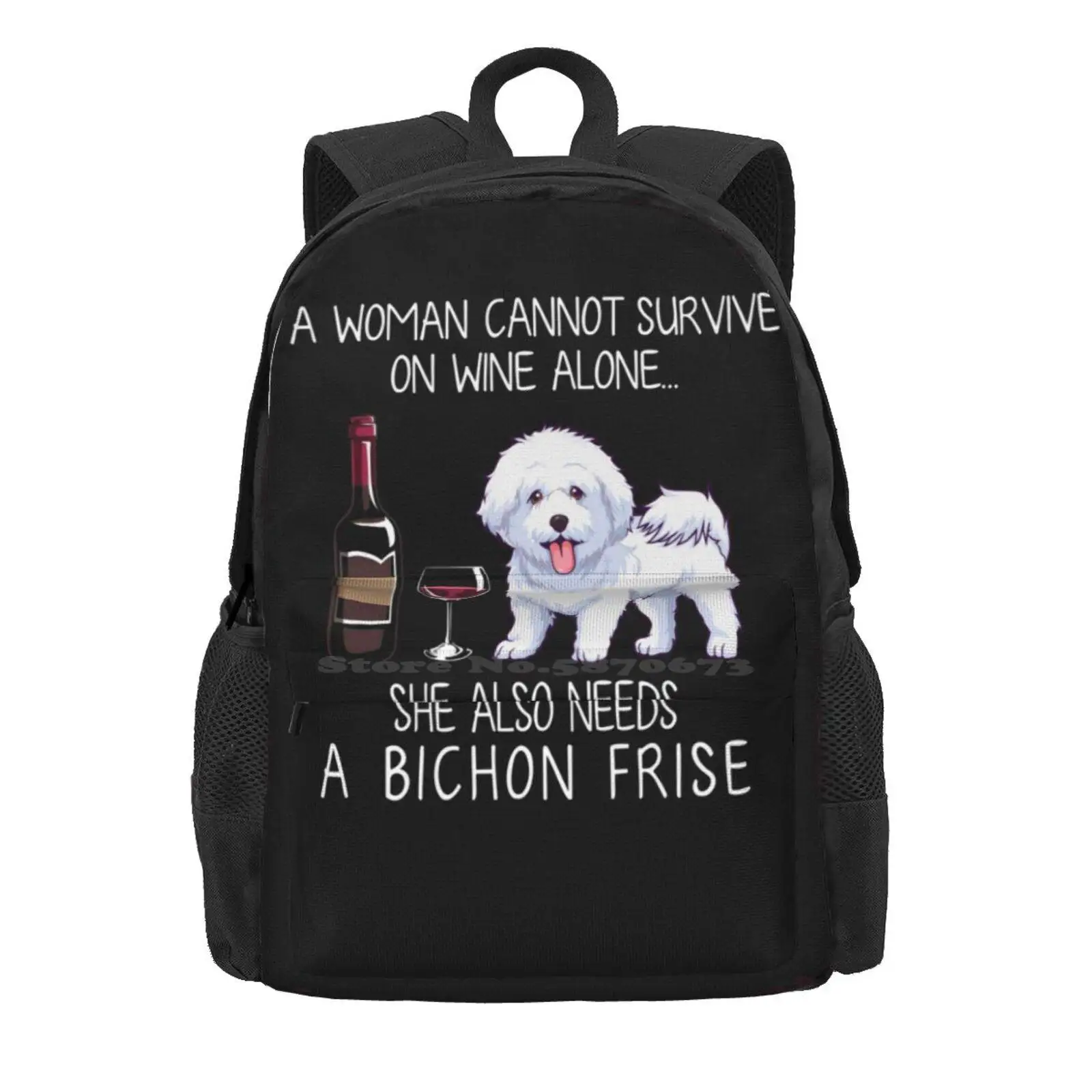 Bichon Frise And Wine Funny Dog Hot Sale Schoolbag Backpack Fashion Bags Dog Mom Funny Dog Doggy Funny Cat And Dog Dog And Wine