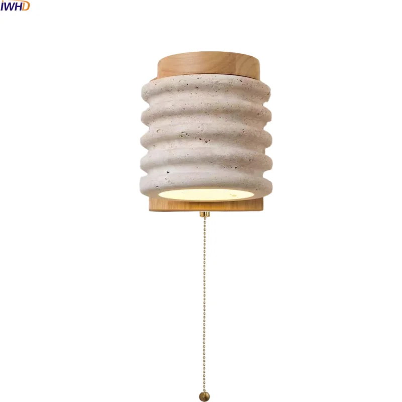 

IWHD Pull Chain Switch LED Wall Light Bedroom Interior For Home Decor Yellow Travertine Wood Wooden Bedside Lamp Applique Murale