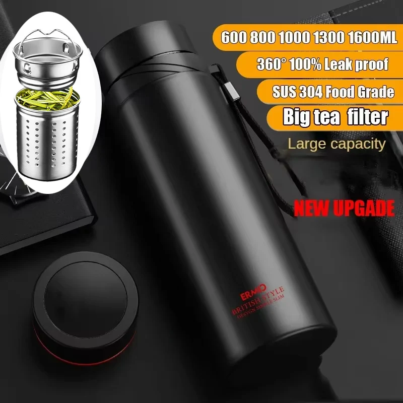 Stainless Steel Thermos Coffee Cup Bottle with Big Filter Vacuum Flask Portable Thermos Insulated Cup 800 1000 1600ml 1 Litre
