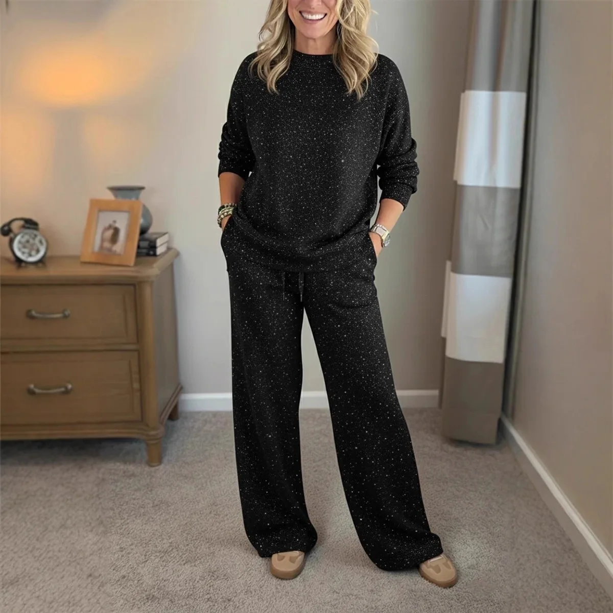 Conjunto Deportivo Mujer Spring Autumn Outdoor Elegant Suit Womens Round Neck Long Sleeve Sweater Drawstring Pants Two-piece Set