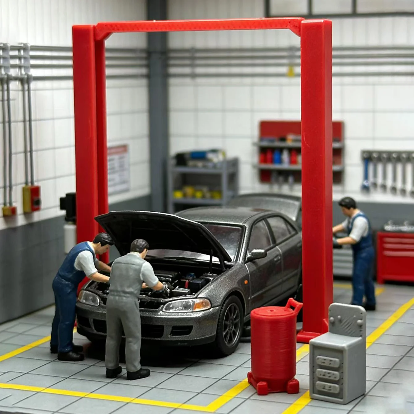 Miniatur-Autoreparaturwerkstatt-Ausrüstungsmodell, 1:64 Maßstab Realistische Auto-Modell-Szenen-Dekoration Zubehör – Detail 2