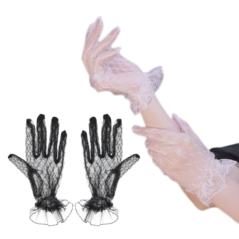 

Women Bridal Gloves with Ruffle Sheer Lace Short Party Gloves Cosplays Accessory G5AE