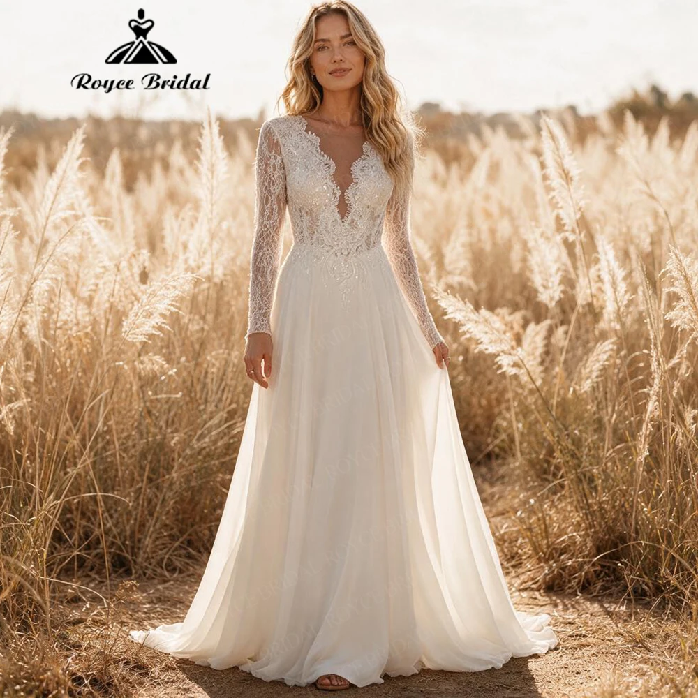 Roycebridal Boho Deep V Neck A Line Wedding Dresses 2027 Lace Backless Sexy Beach Bridal Gown Customized Vestido De Novia
