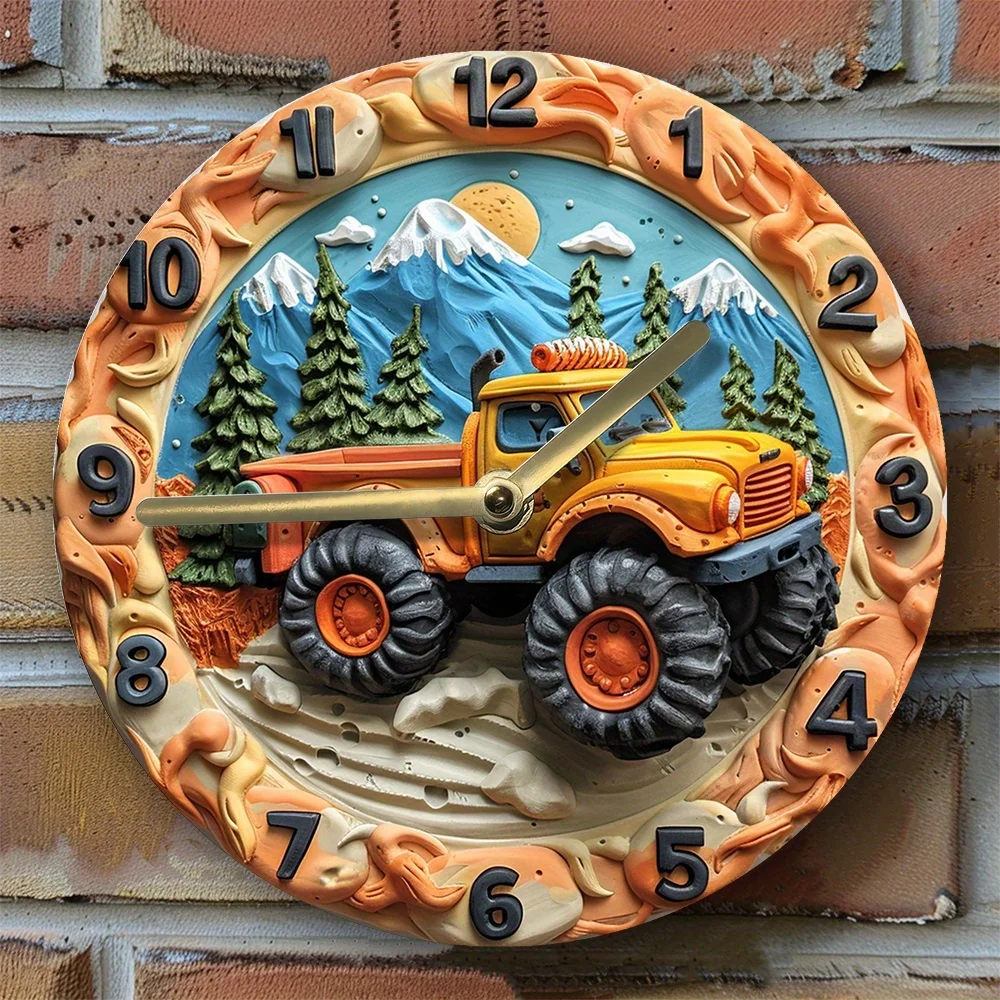 Silent Wall Clock Diy 2D Effects, Monster Truck Theme For Winter Living Room Decor, Perfect For Pet Lovers & Graduation Season