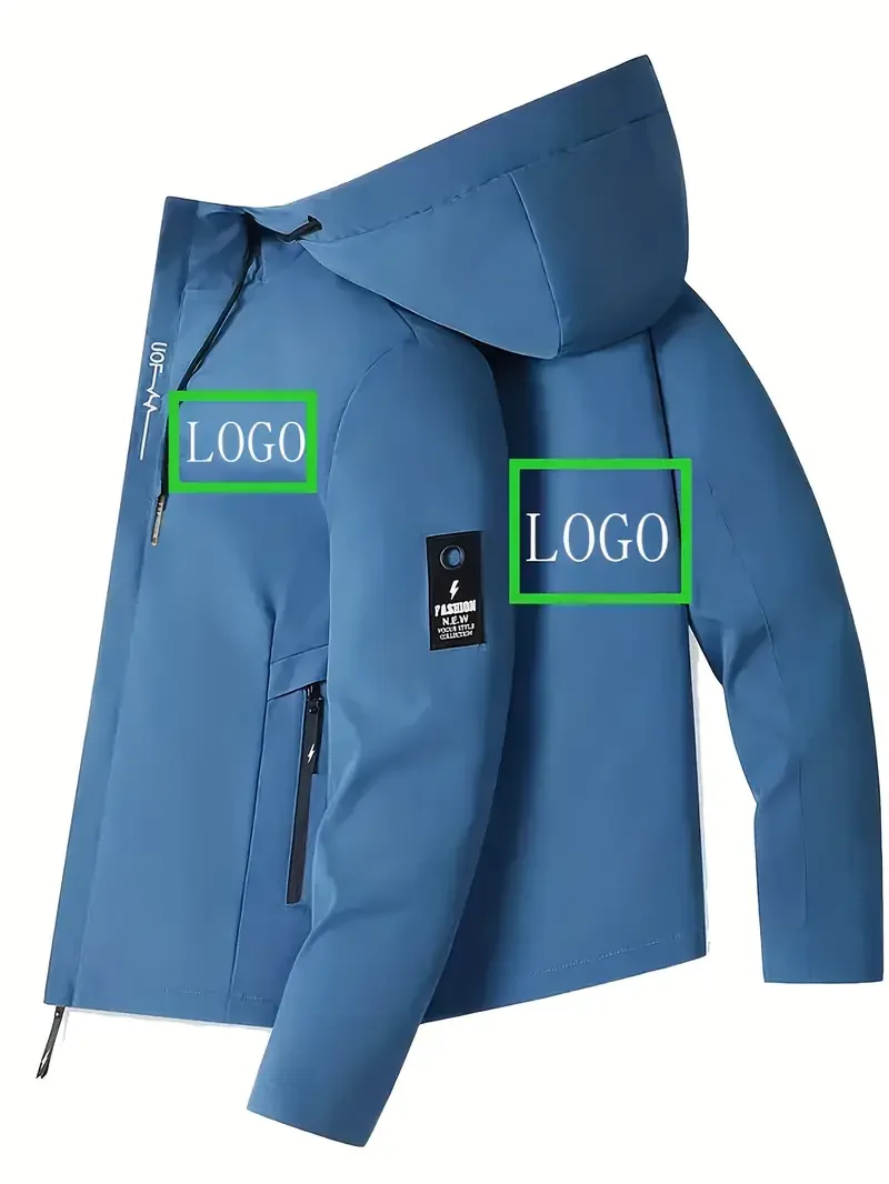 سترة بشعار مخصص للرجال - معطف بغطاء للرأس بسحاب كامل أبيض/أسود مع استبدال رقعة الشعار، قابل للغسل في الغسالة، مقبس طيران