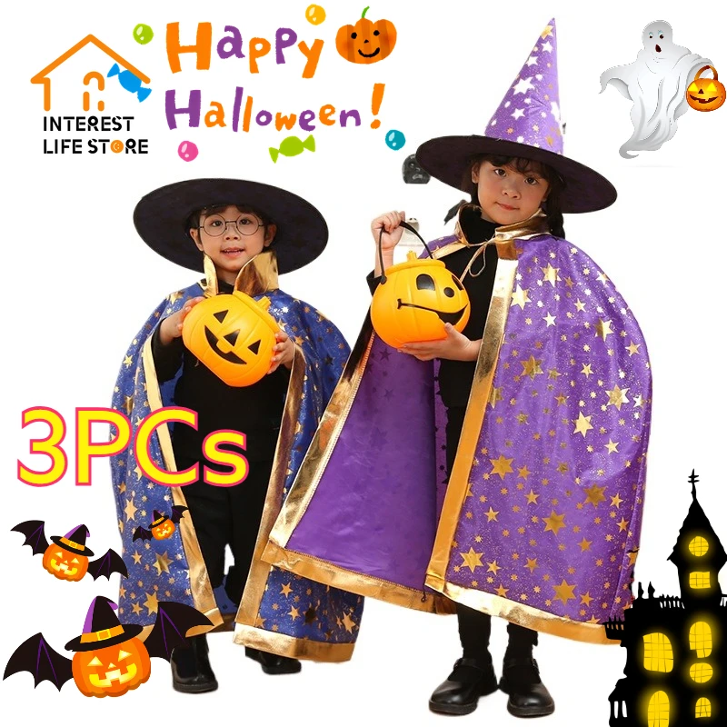 

Hot 3Pcs Childrens Halloween Costume Witch Cloak Cape Sugar Bag and Hat Voice Magic Wand Prop Ghost Party Decoration Fun Gifts