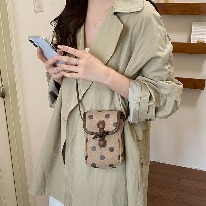 Women Retro Polka Dot Mini Crossbody Bag Flap Phone Pouch With Buckle Decor Vintage Suede Shoulder Purse Casual Daily Handbag