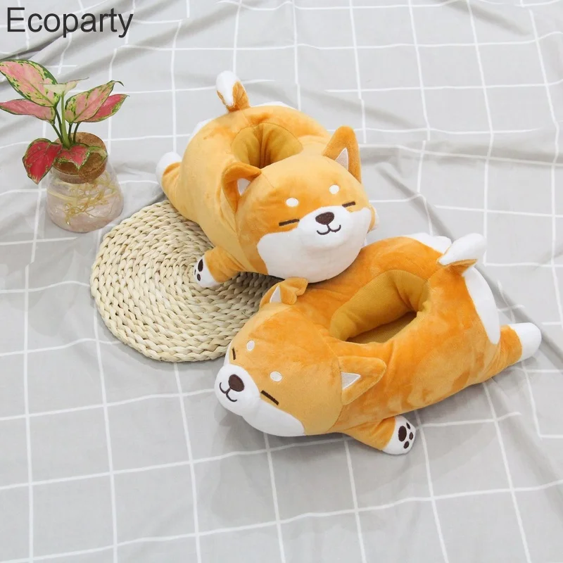 2022ฤดูหนาวน่ารัก Shiba ผ้าฝ้ายรองเท้าแตะสำหรับผู้หญิง Plush สไลด์ Kawaii การ์ตูนลูกสุนัขอุ่นนุ่มลื่นรองเท้า