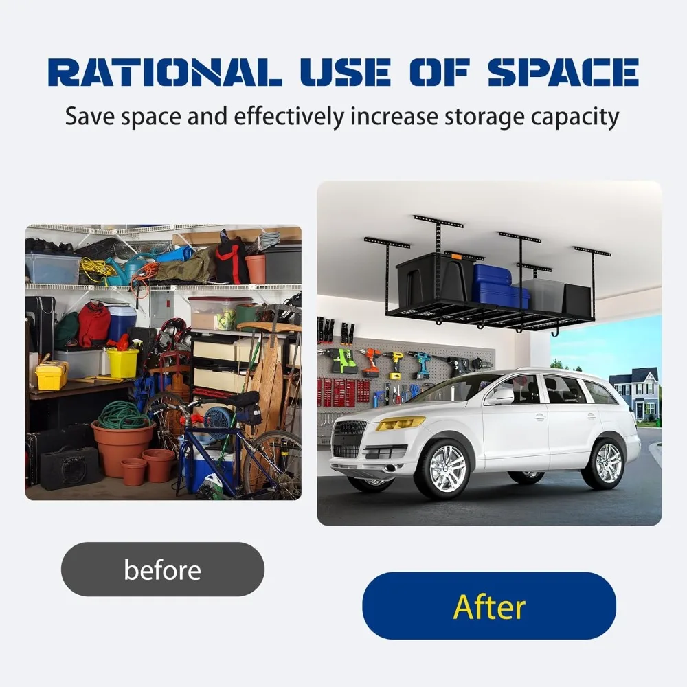 رف تخزين جراج علوي 4 × 8 مع 4 خطافات إضافية - رفوف تخزين سقف جراج شديدة التحمل قابلة للتعديل (22-40)، تحمل 600 رطلاً