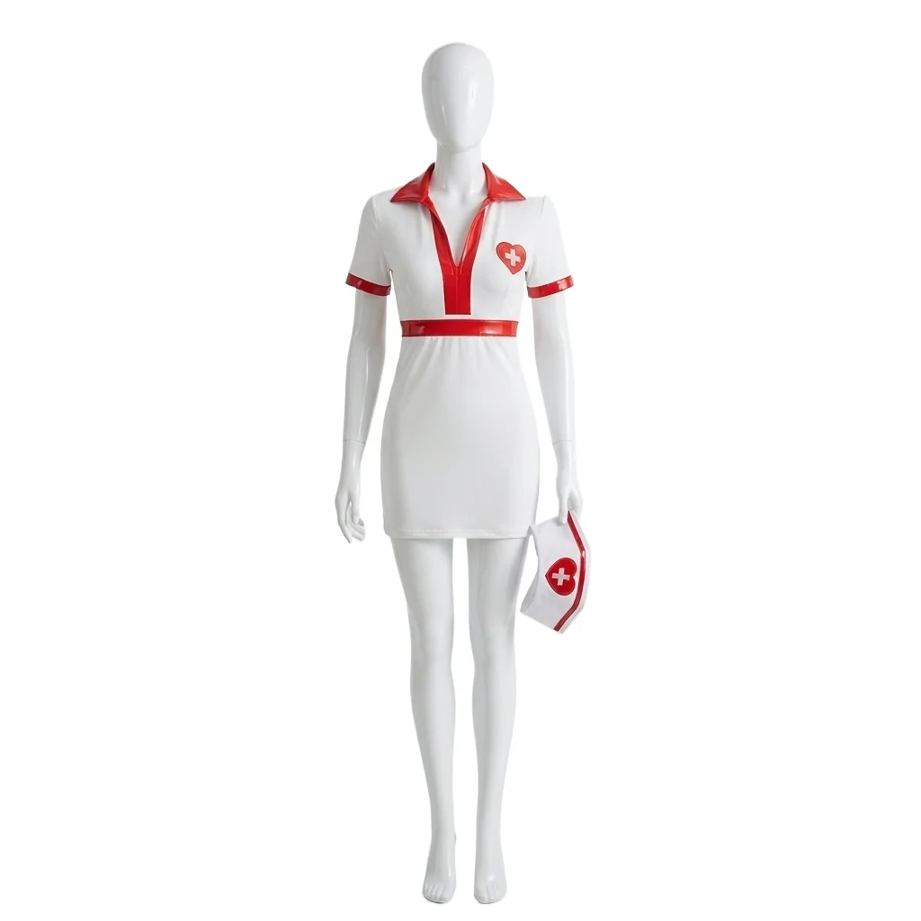 Womens Nurse Uniform Halloween Doctor Maid Cosplay Outfit Nurse Costume Short Sleeve Front Zipper Cross Dress with Headwear