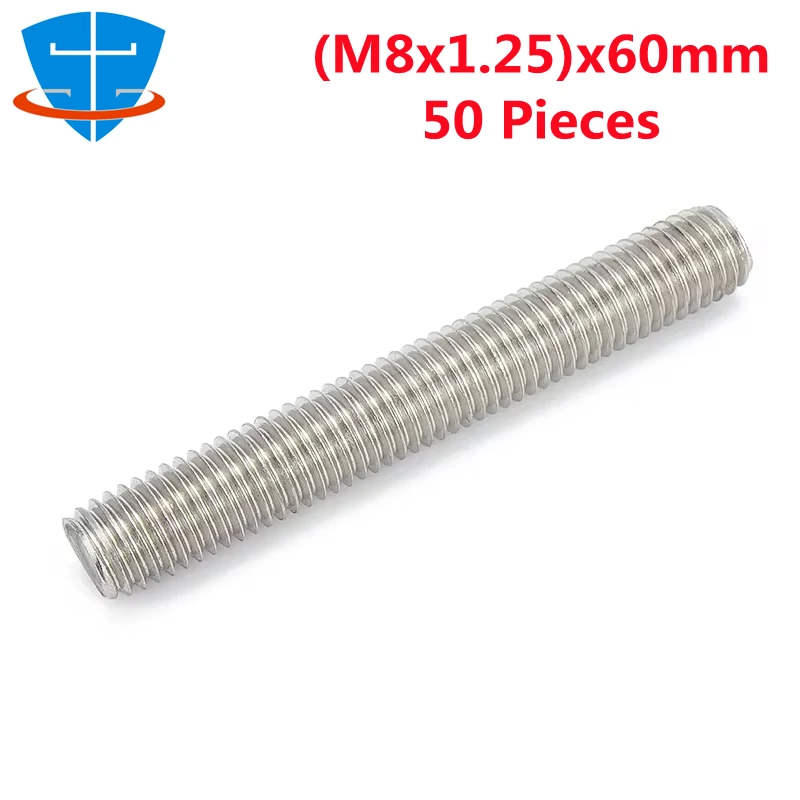 50PCS DIN975 A2 304 Stainless Steel (M8x1.25)x60mm Full Thread Bar