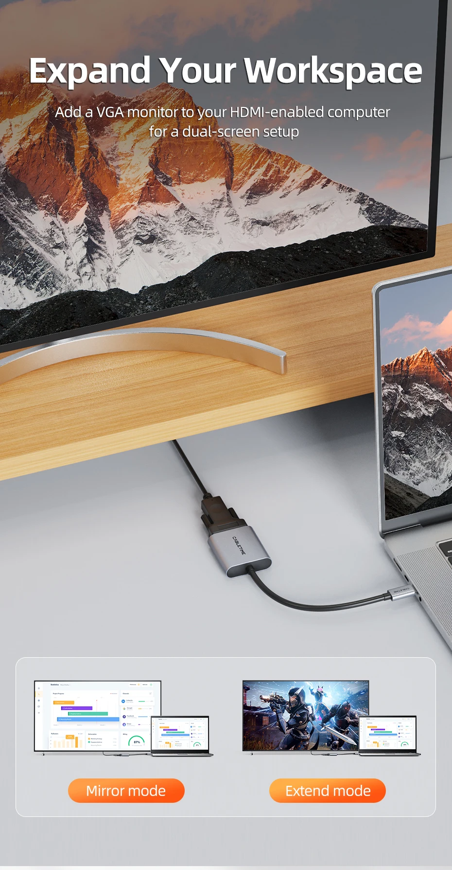 CABLETIME Typ-C zu VGA Adapter HD 1080p 60Hz Kabelkonverter USB-C zu VGA Buchsenadapter für iPhone iPad PC Typ-C Adapter – Detail 2