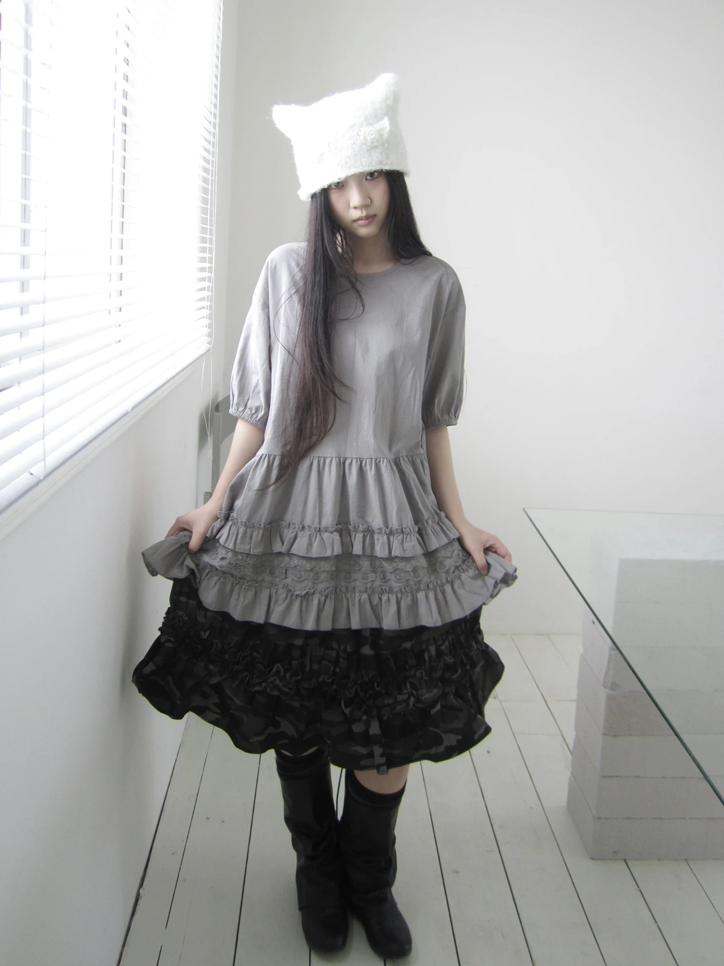 

Angproject 48 Korean Style Doll Collar Lace Splicing Multi-layer Hem Mid-length round Neck Baby Doll Shirt Loose Fit Short Sl...