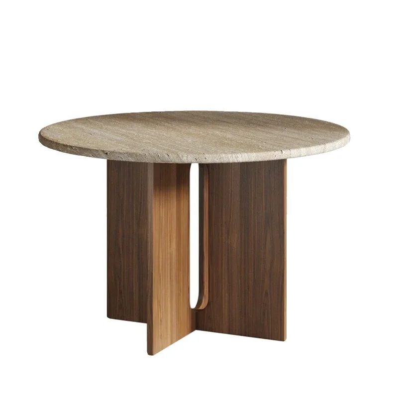 

Natural travertine round dining table and chairs household living room simple marble luxury stone solid wood dining table