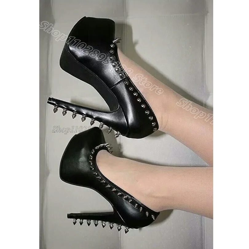 

Black Platform Rivet Decor Pumps Matte Leather British Style Stiletto Heels Party Dress Women Pumps 2025 Zapatos Para Mujere