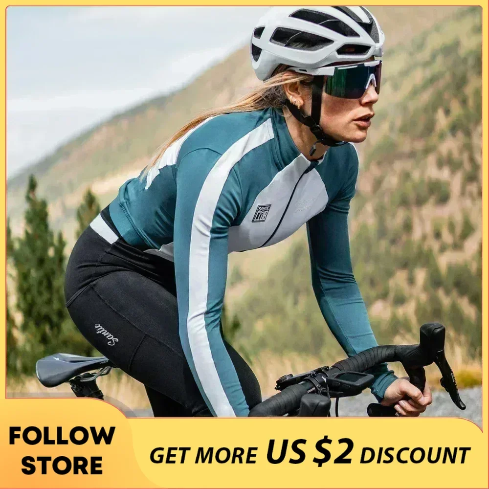 Santic Women\'s Cycling Jersey Long Sleeve Full Zipper Bicycle Jackets Windproof Autumn Winter Thermal MTB Riding Sports Clothing