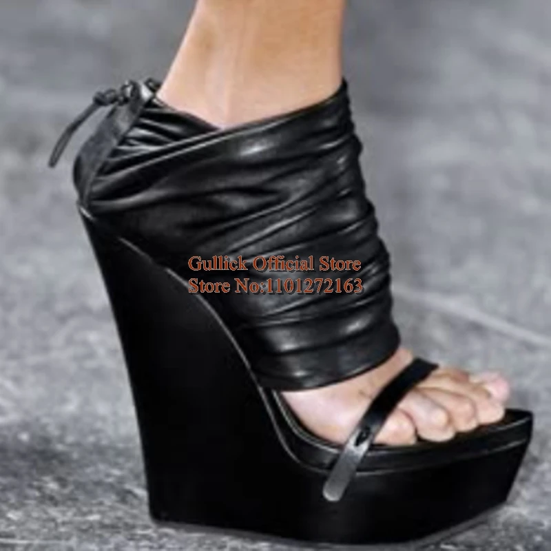 

Single Strap Open Toe Pleated Wedge Shoes Black PU Leather Back Zipper Super High Platform Female Wedged Heels Sandals