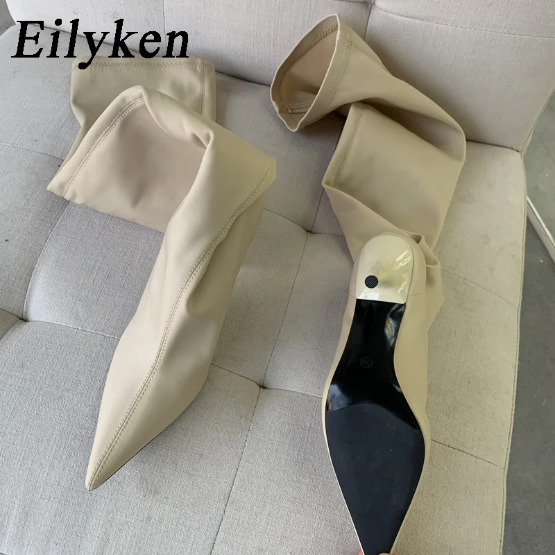 Eilyken New Sexy Low Thin Heels Women Over the Knee Boots Fashion Pointed Toe Strip Dance Shoes Thigh High Long Booties