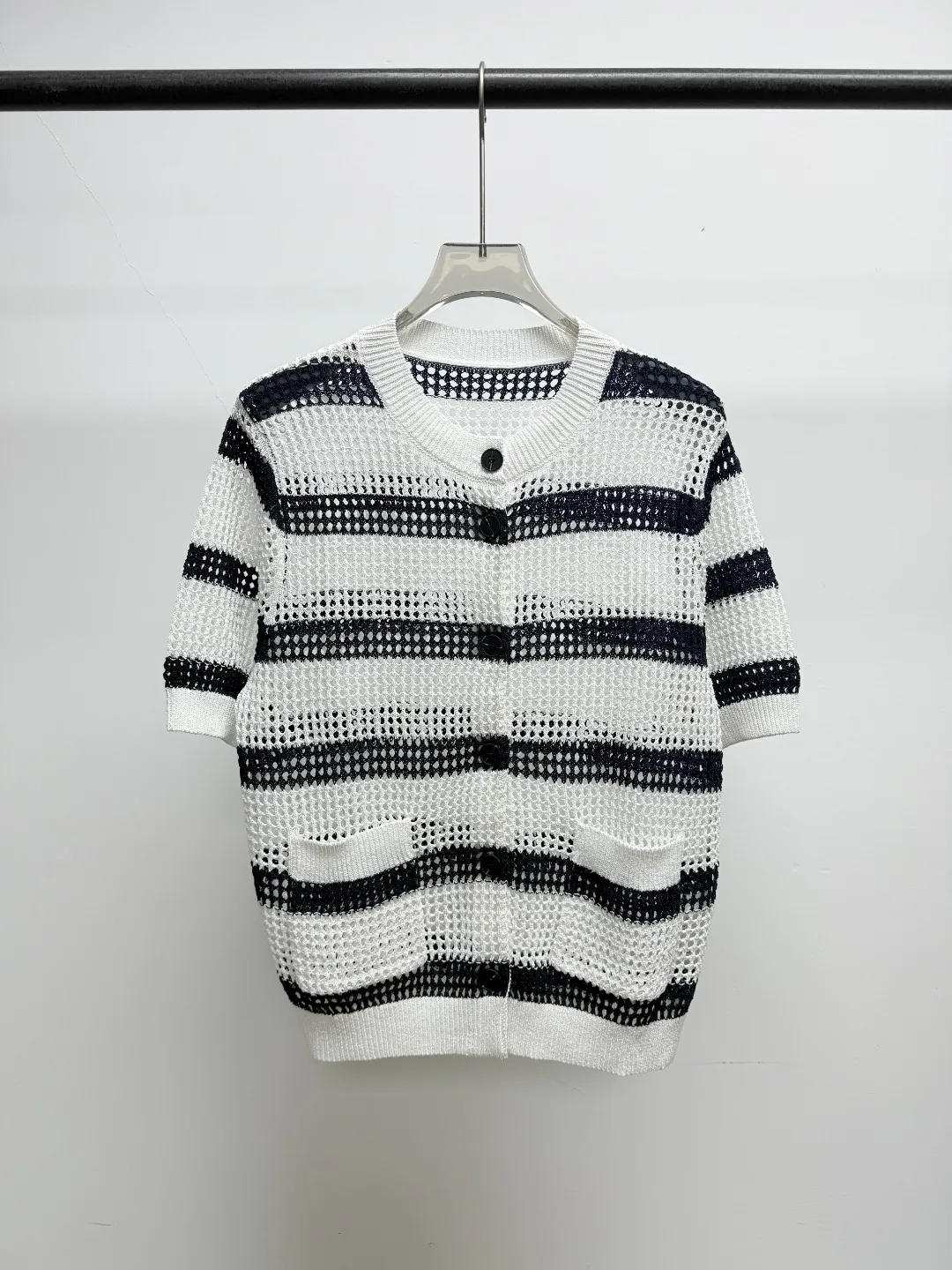 

Новый модный кардиган для женщин с круглым вырезом, полосатый, из сетчатого трикотажа, высокого качества, для весны/лета