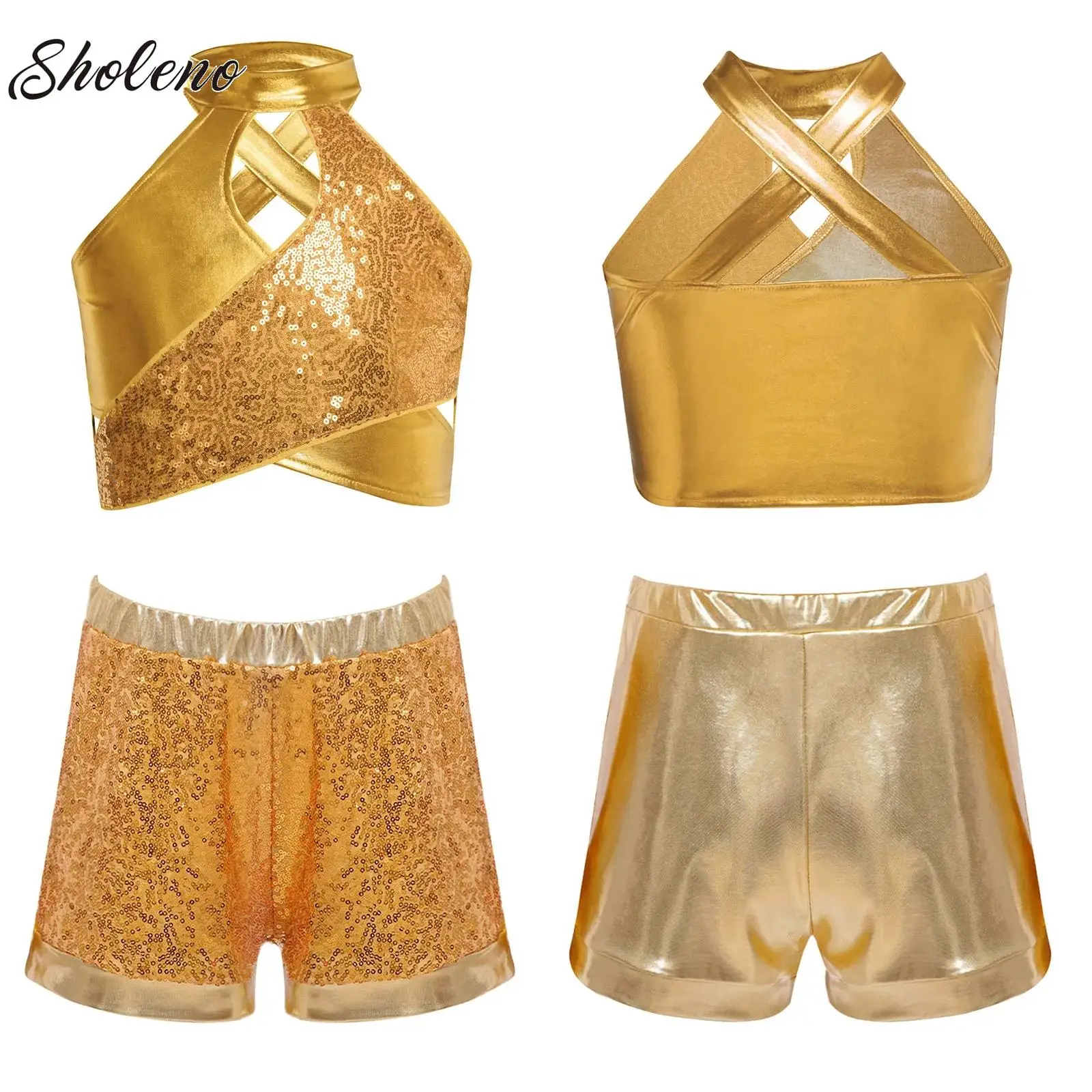 

Girls Classy Cheerleading Uniform Set Jazz Cha-cha Samba Dance Performance Costumes Sequins Top with Shorts Halloween Outfits
