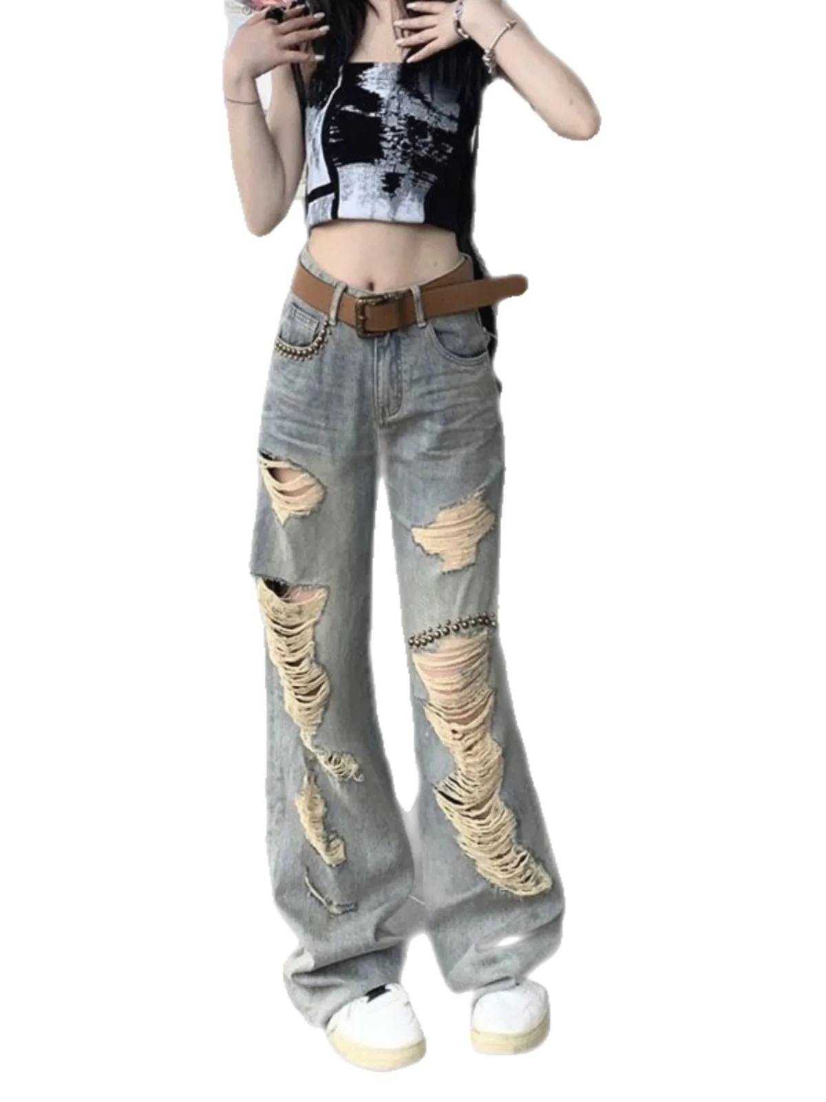 Calças Jeans de Cintura Alta com Pernas Retas para Mulheres, Primavera Verão, Estilo de Rua, Algodão Stretch Denim Antibacteriano