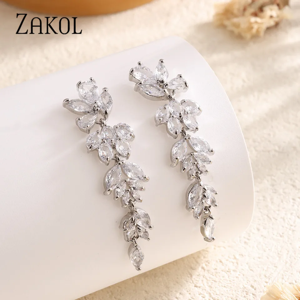 ZAKOL Fashion Leaf Zircon Long Earrings for Women Shiny Marquise Crystal Bridal Earring Party Wedding Jewelry