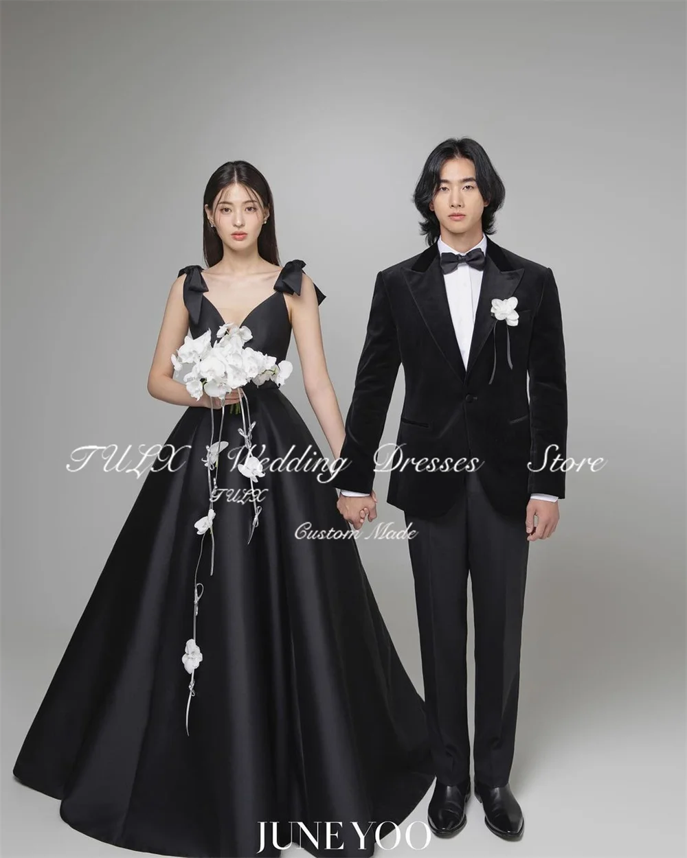 TULX Abendkleid mit Schleife und Trägern, schwarzes Satin-Korsett, Korea, Hochzeit, Fotoshooting-Kleid, V-Ausschnitt, bodenlanges Partykleid, individuell gestaltet